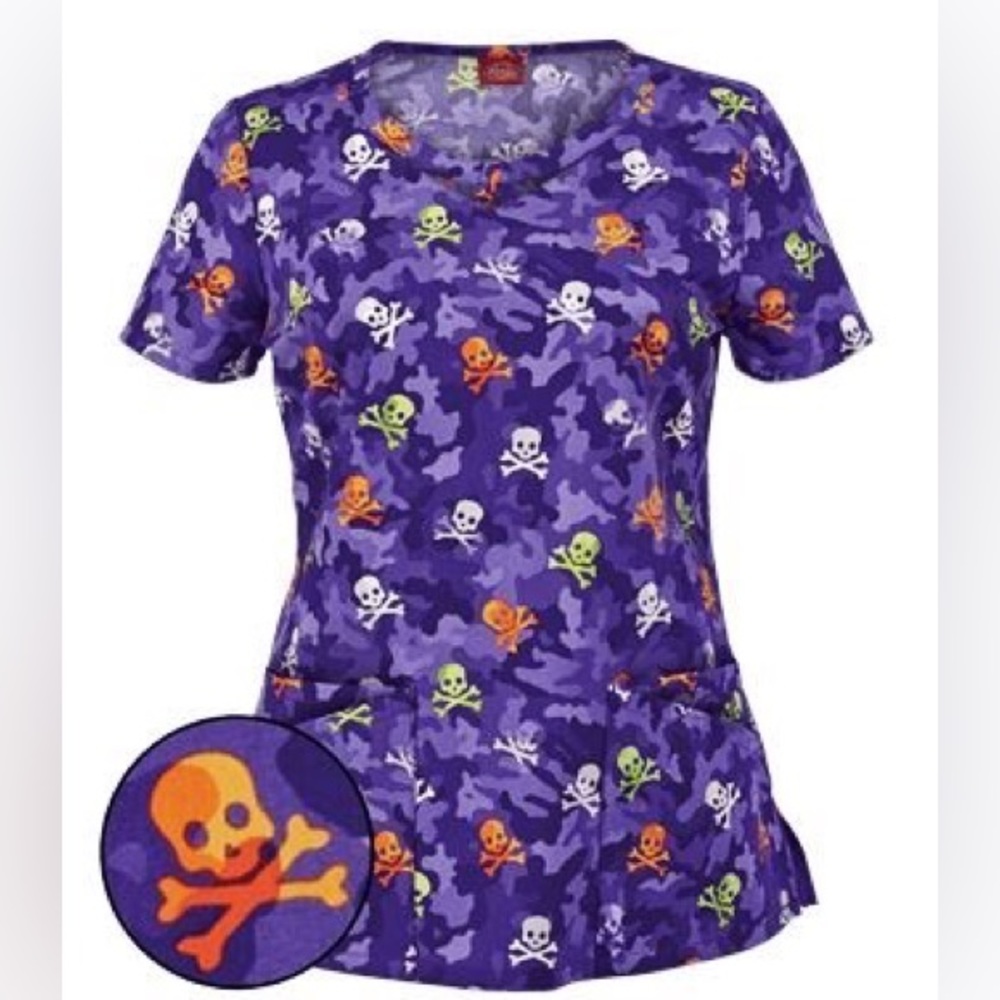Dickies Hidden Hallow Skull & Crossbones Print Scrub Top